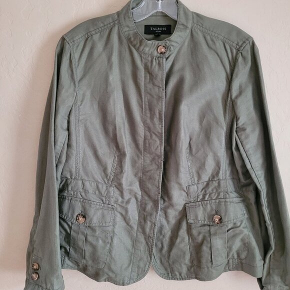 Talbots Petites Linen Olive Green Military-Style Jacket size Lg Petite - Picture 2 of 6